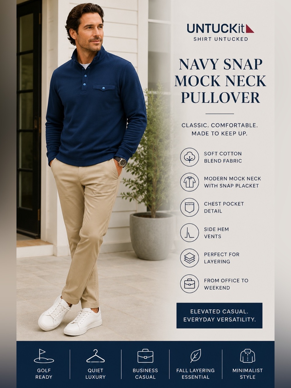 UNTUCKit Navy Snap Mock Neck Pullover Men’s Cotton Blend Sweatshirt Casual Layer
